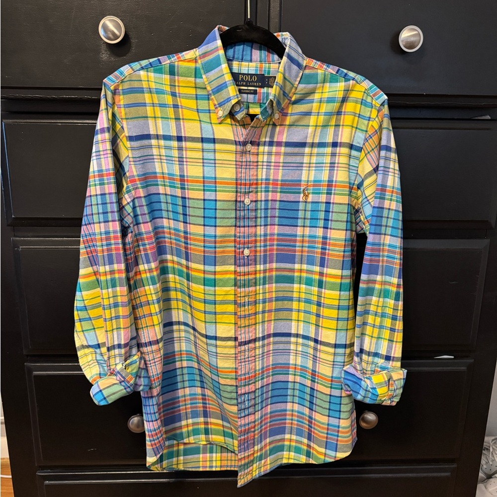 Polo Ralph Lauren Men's Long Leeve Button Up Shirt, Blue and Yellow